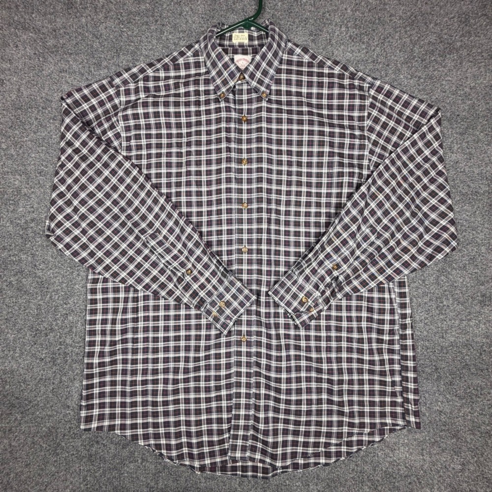 Brooks Brothers 346 Mens Large Non-Iron Cotton Plaid Button Down Shirt Blue Red